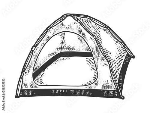 Tourist tent sketch engraving vector illustration. Scratch board style imitation. Black and white hand drawn image.
