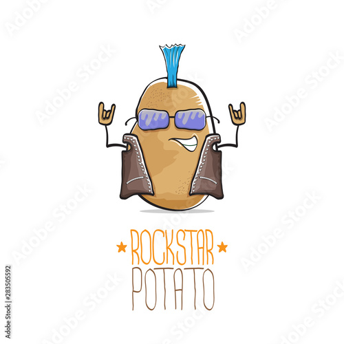 vector funny cartoon cute brown punk rock star potato character with Iroquois isolated on white background. My name is potato vector concept. rock n rock hipster vegetable funky character