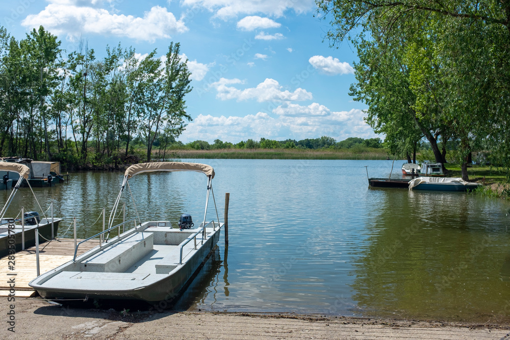 Fototapeta premium Trip boat waiting for tourists at Tisza lake, Hungary