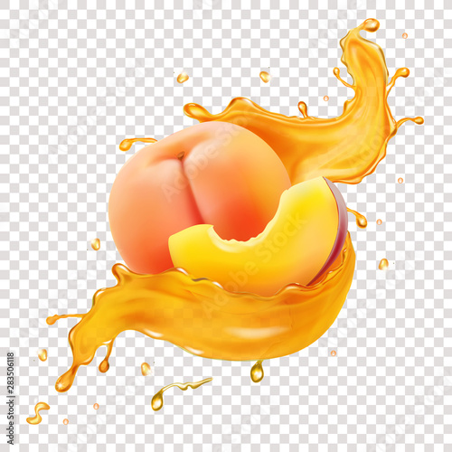 Peach realistic fruit and juice splash vector illustration