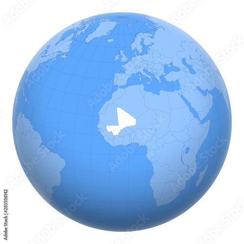 Mali on the globe. Earth centered at the location of the Republic of Mali. Map of Mali. Includes layer with capital cities.