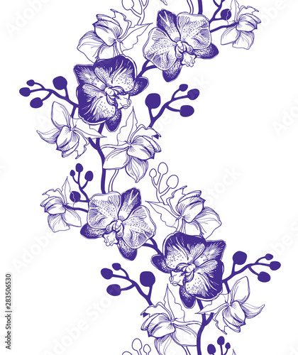 Floral vertical seamless border with hand drawn tropical flowers Orchids, Phalaenopsis. Perfect for floristic design, greeting cards, posters, banners, textile, wedding invitation, wallpaper.