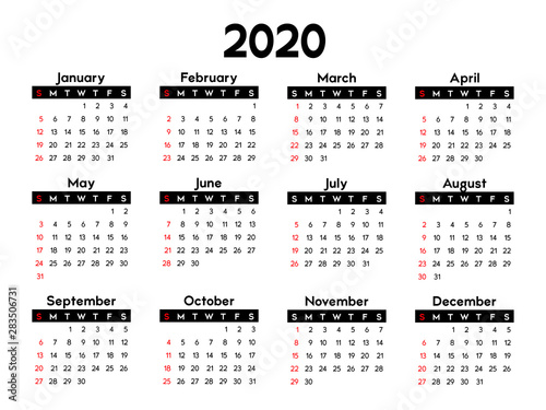 calendar 2020, week starts on Sunday, basic business template. vector illustration