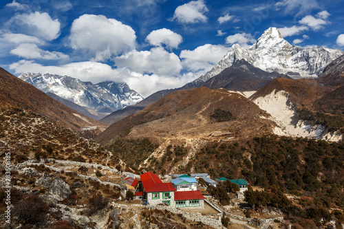 Everest trek. View of the valley. Pangboche or Panboche is a village in Khumjung. Himalaya, Nepal photo