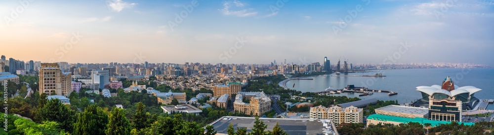 Baku, Azerbaijan August 10, 2019 Ultrawide panorama of city