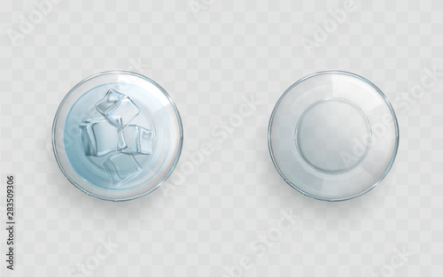 Empty and full of water or alcohol drink, cooled with ice cubes glasses top view 3d realistic vector isolated on transparent background. Refreshing beverage, chilled gin or cocktail shot illustration