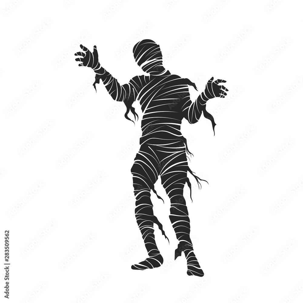 Black silhouette of mummy. Halloween party. Isolated image of scary monster. Mummified zombie on white background