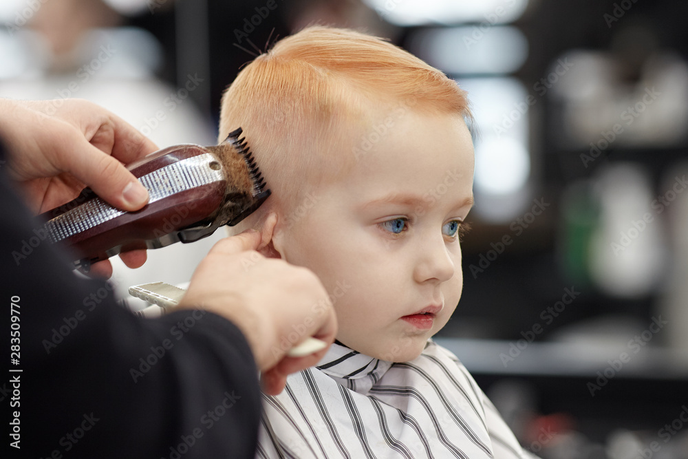 Cute ginger baby boy with blue eyes in a barber shop having haircut by  hairdresser. Hands of stylist with tools. Children fashion in salon.  Indoors, dark background, copy space. Stock Photo |