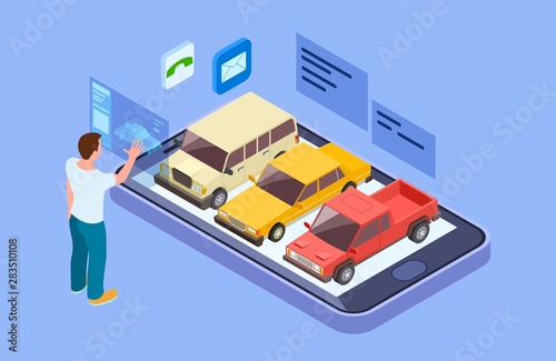 Rent car online. Isometric buy car with online phone app. Man chooses a vehicle vector concept. Illustration of online buy automobile, business rental vehicle