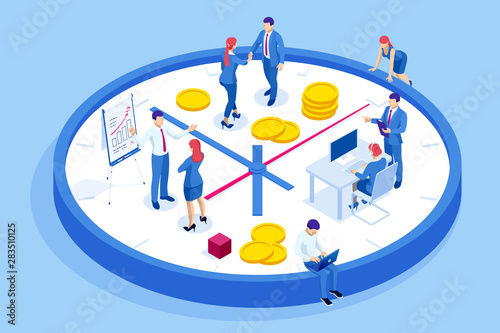 Isometric Effective time management in outline concept. Business people plans and organizes working time, deals deadlines, achieve goals.