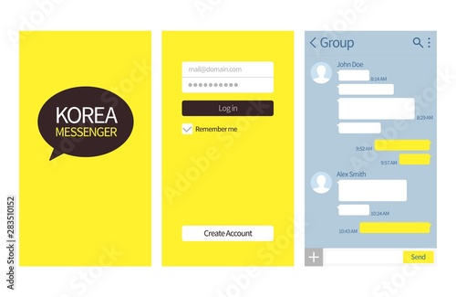 Korean messenger. Kakao talk interface with chat boxes, login and create account page vector template. Kakao korean app interface smartphone illustration photo