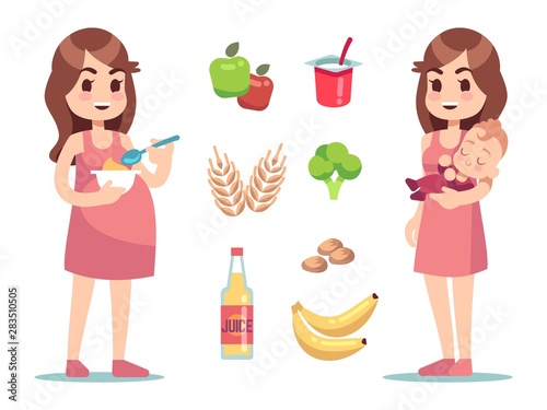 Pregnant woman diet. Vector pregnancy and maternity concept. Health diet for pregnant and lactating mothers. Illustration of pregnancy mother diet, healthy information, for young mom
