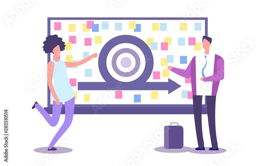 Agile method presentation. Vector businesspeople and scrub board. Agile concept and agility model development, people plan achievement illustration