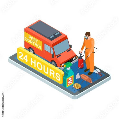 Pest control isometric. Vector disinfection service for home and office. Illustration pest control service, worker and van