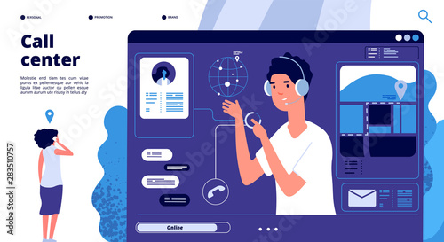 Online support concept. Customers in call center chat with operator, consultant helps client. 24x7 support vector landing page. Illustration operator support, help chat for customer