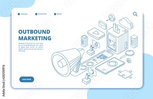 Customer outbound marketing. Digital media online permission market, social media crm and interruption vector isometric landing page. Digital media promotional, content promo web site illustration