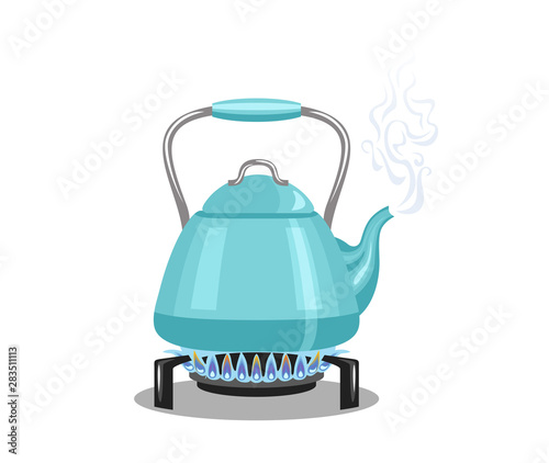 Kettle on gas stove isolated on white background. Vector illustration of blue teapot with steam on the cooker in cartoon flat style.