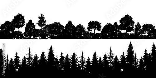 Set of black horizontal silhouettes coniferous treetops forest pine, spruce, cedar . Coniferous spruce panorama. Park of evergreen wood. Vector on white background EPS