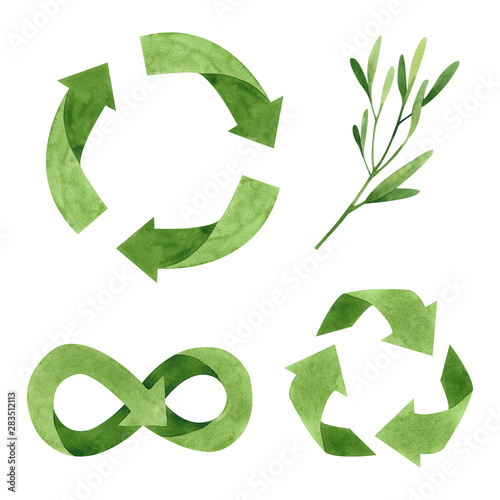 Watercolor recycling signs and sprig with leaves isolated on white background. Hand drawn reuse symbol for ecological design. Zero waste lifestyle. 