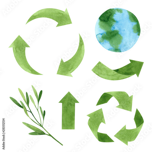 Watercolor recycling signs and sprig with leaves isolated on white background. Hand drawn reuse symbol for ecological design. Zero waste lifestyle. 