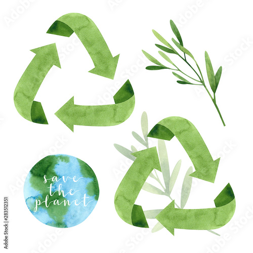 Watercolor recycling signs and sprig with leaves isolated on white background. Hand drawn reuse symbol for ecological design. Zero waste lifestyle. 
