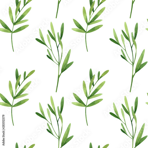 Watercolor seamless pattern with green sprigs with leaves on white background. Hand drawn summer illustration. Perfect for textile  wrapping paper