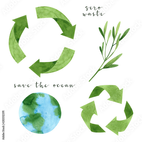 Watercolor recycling signs and sprig with leaves isolated on white background. Hand drawn reuse symbol for ecological design. Zero waste lifestyle. 