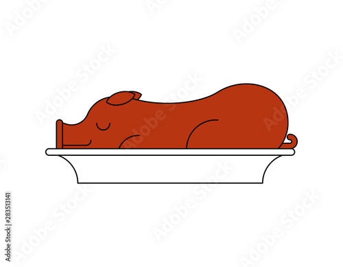 Roasted pig in plate. grilled pig. vector illustration