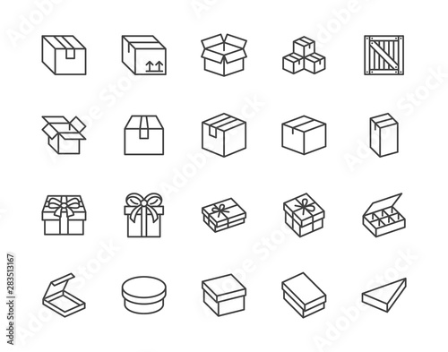 Box flat line icon set. Carton, wood boxes, product package, gift vector illustrations. Simple outline signs for delivery service. Pixel perfect 64x64. Editable Strokes
