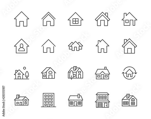 Houses flat line icons set. Home page button, residential building, country cottage, apartment vector illustrations. Outline simple signs for real estate. Pixel perfect 64x64. Editable Strokes photo