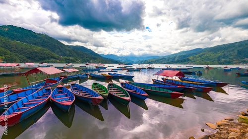 Colorful Boats in Phewa Lake a coludy dAay Nepal