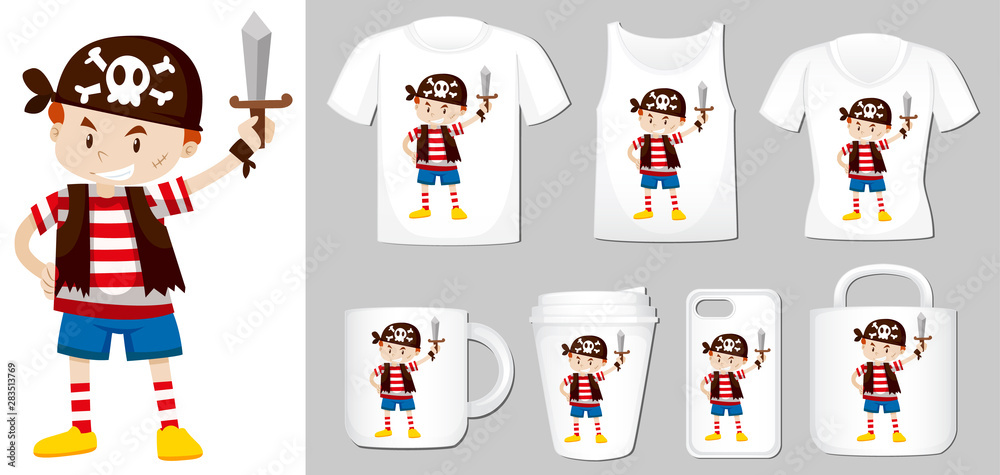 Fototapeta premium Graphic of pirate on different types of product template