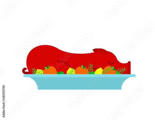 Roasted pig in plate. grilled pig. vector illustration