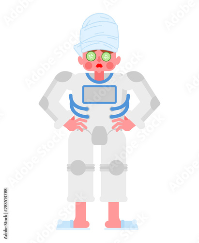 Woman astronaut with towel on her head. Spacewoman after shower.