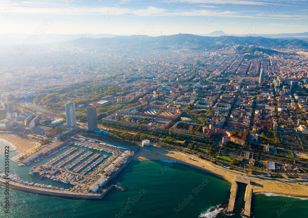 Aerial view of Barcelona on Mediterranean coast, Spain