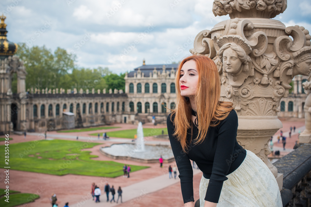 Obraz premium Tourism concept. Beautiful woman at Saxony . Vacation in Germany 