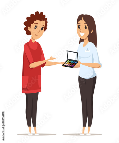 Woman buying cosmetics flat vector illustration