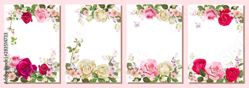 Set wedding invitation, bouquet of red, pink, white roses: flowers, spring blossom, buds, leaves. Vertical card on white background. Botanical illustration in gentle watercolor style, vector, A4