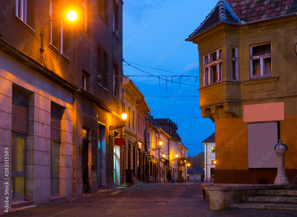 View on night streets of Gyor is colorful landmark of Hungary
