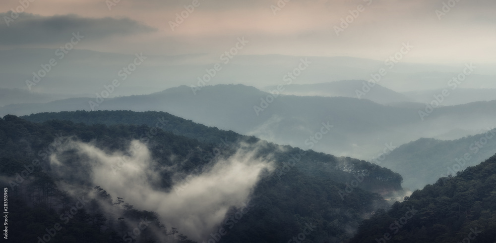 Beautiful mountain landscape at rainy day. Dalat, Vietnam. Panorama