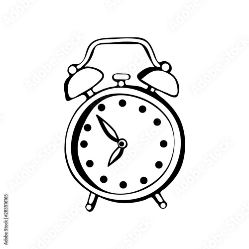 Alarm clock vector drawing in black and white. . Isolated object on white background. A hand drawn sketch of a clock in a vector.