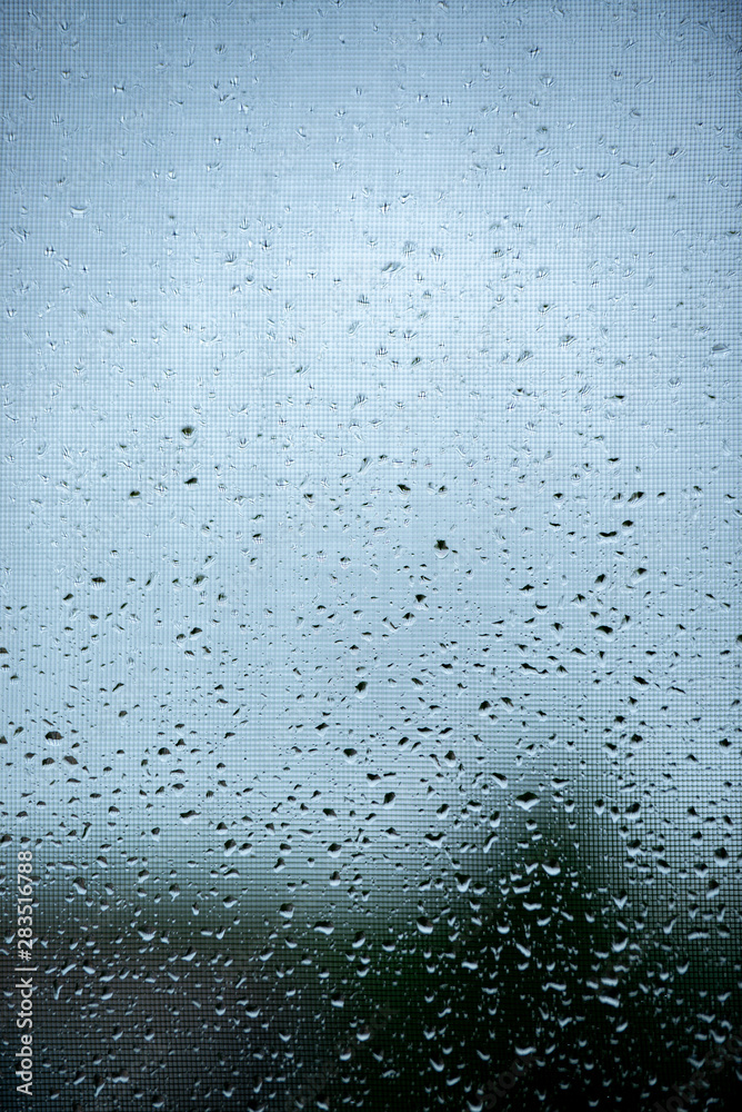 Raindrops on a mosquito net. Mosquito net on a window with a curtain. Vertical background Raindrops on a mosquito net. Mosquito net on a window with a curtain. Vertical background