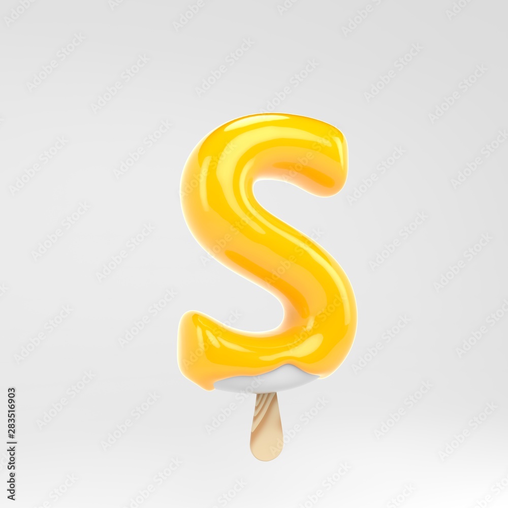 Ice cream letter S uppercase. Yellow popsicle alphabet. 3d rendered dessert lettering isolated on white background. Ice cream letter S uppercase. Yellow popsicle alphabet. 3d rendered dessert lettering isolated on white background.