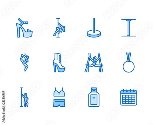 Pole dance flat line icons set. Sexy girl dancing, stripper high heels shoe vector illustrations. Outline signs for aerial gymnastics school. Pixel perfect 64x64. Editable Strokes
