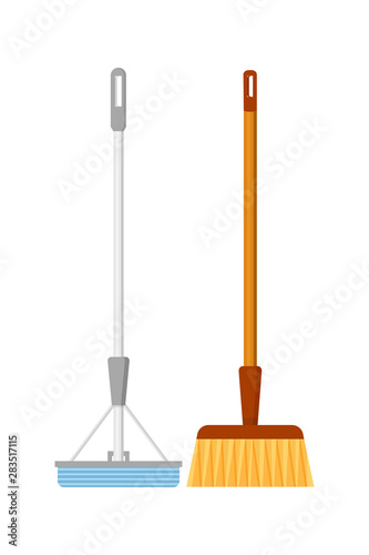 Modern mop and broom flat vector illustration