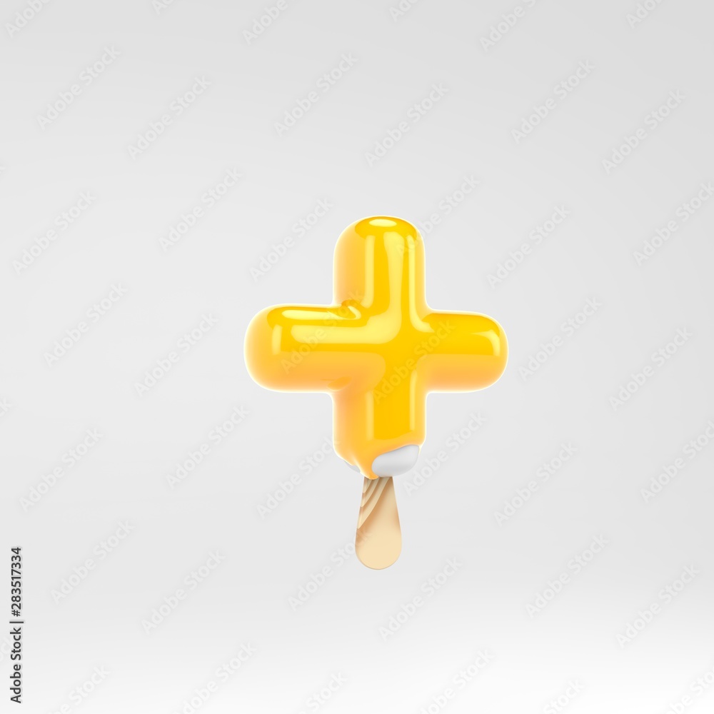 Obraz premium Ice cream plus symbol. Yellow popsicle alphabet. 3d rendered dessert lettering isolated on white background.
