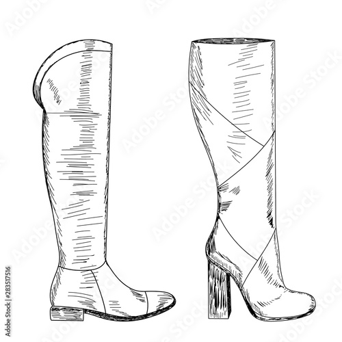 isolated, sketch with lines, female autumn boot