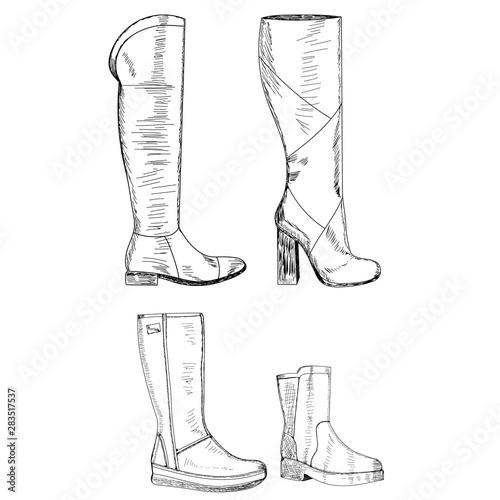 isolated, sketch with lines, female autumn boot