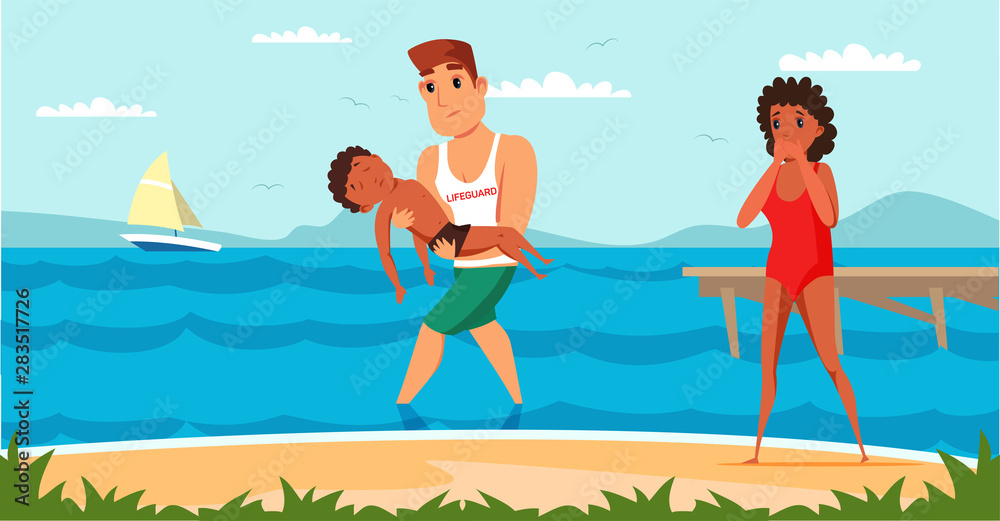 Lifeguard saving child flat vector illustration
