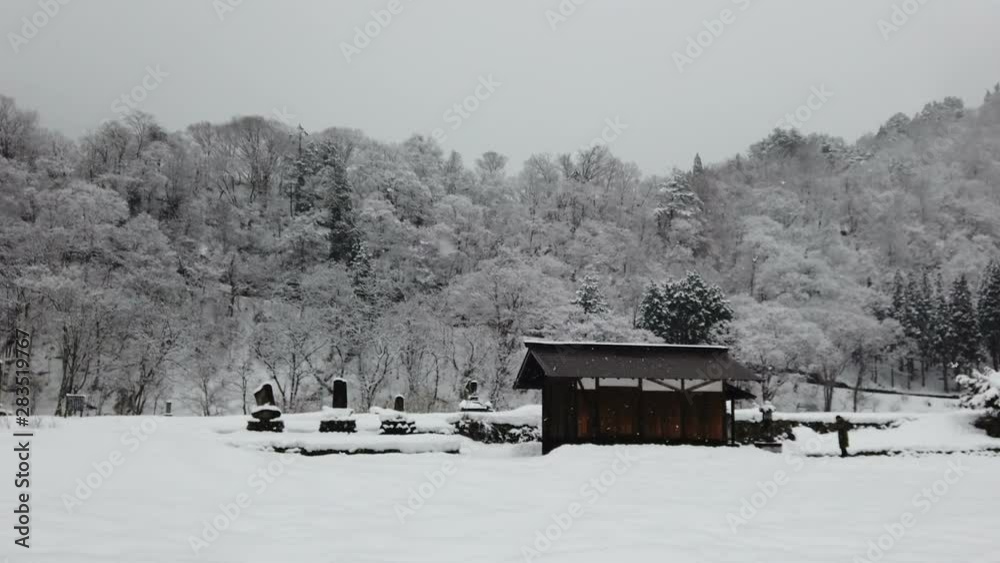 Winter countryside with falling snow, old cabin and tree on mountain.